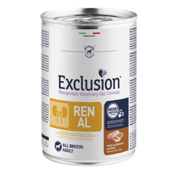 Exclusion Renal Maiale e Sorgo 400g - Cibo Umido per Cani Exclusion Renal Maiale e Sorgo 400g - Cibo Umido per Cani